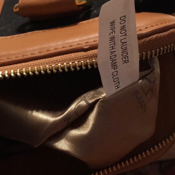 EUC,Iman trapezoid Black Denim Bag,Camel faux leather,Over arm handlesGoldzipper - Picture 14 of 16